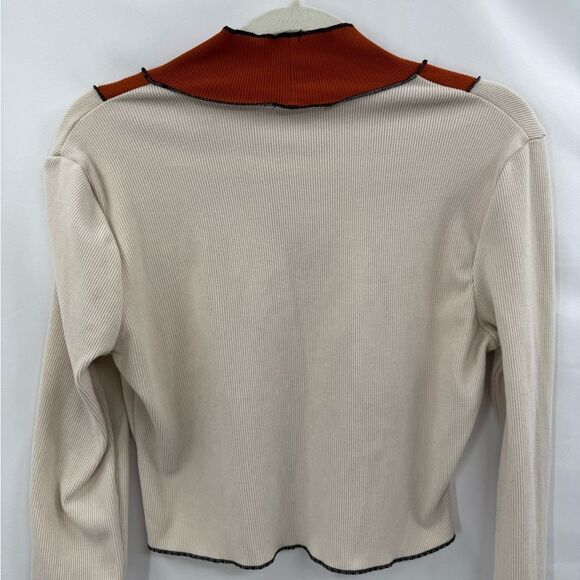 Cider Cropped Ribbed Colorblock Mock Neck Long Sleeve in Cream/Rust/Black | XL - Picture 5 of 6